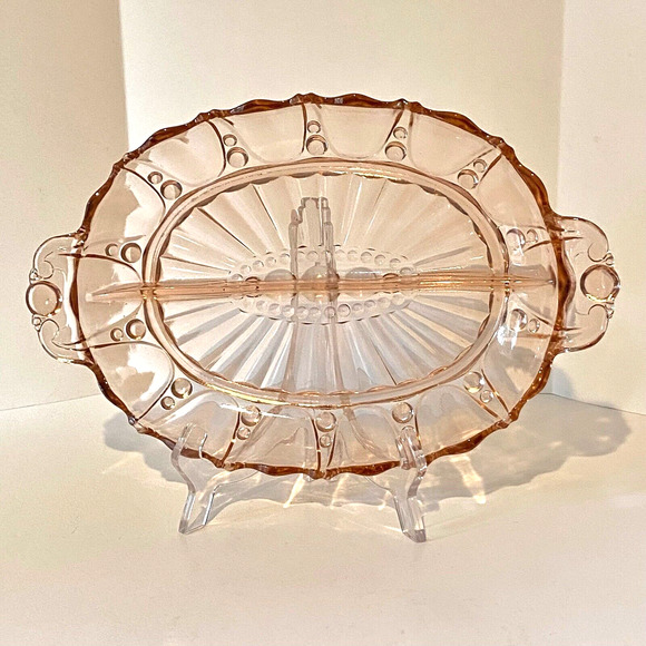 Anchor Hocking Pink Depression Glass Relish Serving Dish Oyster & Pearl Divided - Picture 2 of 9